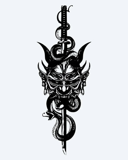 Oni Mask & Serpent Dagger semi-permanent tattoo design by INKON – menacing, japanese, demon, mask, horns illustration, 4 x 8 in (11x21cm), available at inkon.co
