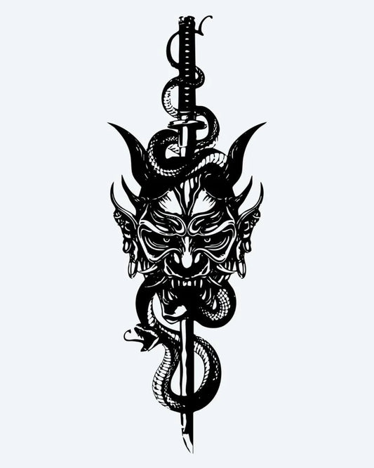 Oni Mask & Serpent Dagger semi-permanent tattoo design by INKON – menacing, japanese, demon, mask, horns illustration, 4 x 8 in (11x21cm), available at inkon.co