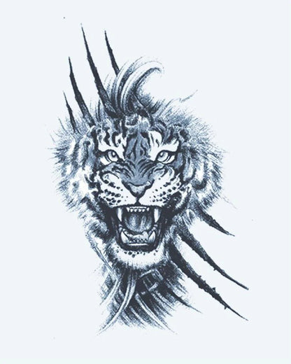 Roaring Tiger & Claws semi-permanent tattoo design by INKON – roaring, tiger, bursting, through, claw illustration, 4 x 7 in (10x17cm), available at inkon.co