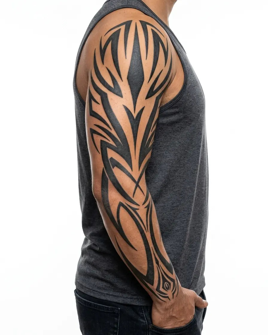 INKON Bold Tribal Crest semi-permanent tattoo applied on a man – 8 x 20 in (20x50cm) design, realistic ink look, lasts 10 days
