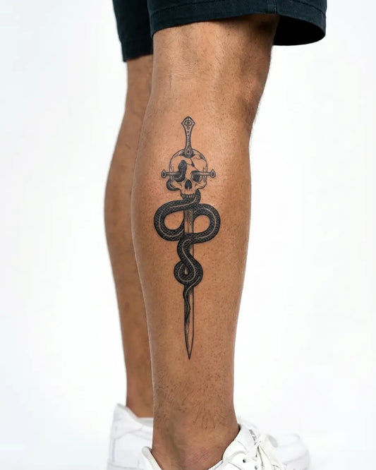 INKON Serpent & Skull Dagger semi-permanent tattoo applied on a man – 4 x 7 in (10x17cm) design, realistic ink look, lasts 10 days