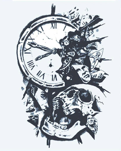 Shattered Clock & Skull semi-permanent tattoo design by INKON – shattering, clock, roman, numerals, breaking illustration, 4 x 7 in (10x17cm), available at inkon.co