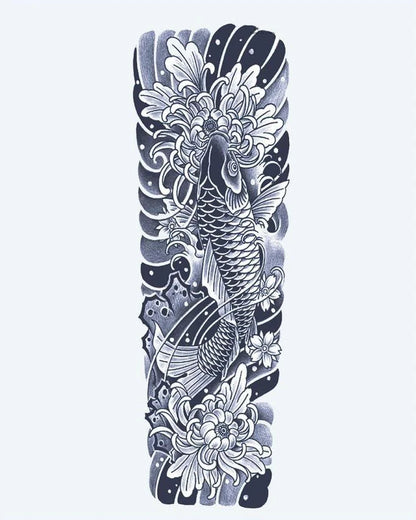 Koi Fish & Chrysanthemum Sleeve semi-permanent tattoo design by INKON – japanese, irezumi, full, sleeve, fish illustration, 8 x 20 in (20x50cm), available at inkon.co