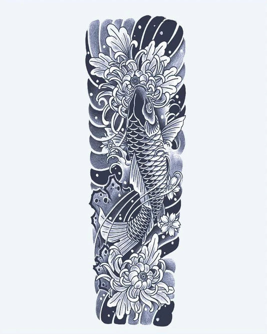 Koi Fish & Chrysanthemum Sleeve semi-permanent tattoo design by INKON – japanese, irezumi, full, sleeve, fish illustration, 8 x 20 in (20x50cm), available at inkon.co