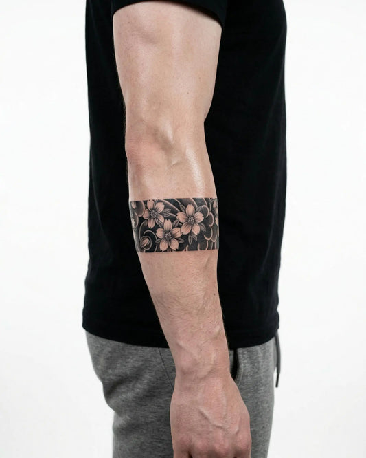 INKON Cherry Blossom Band semi-permanent tattoo applied on a man – 2 x 9 in (5x23cm) design, realistic ink look, lasts 10 days
