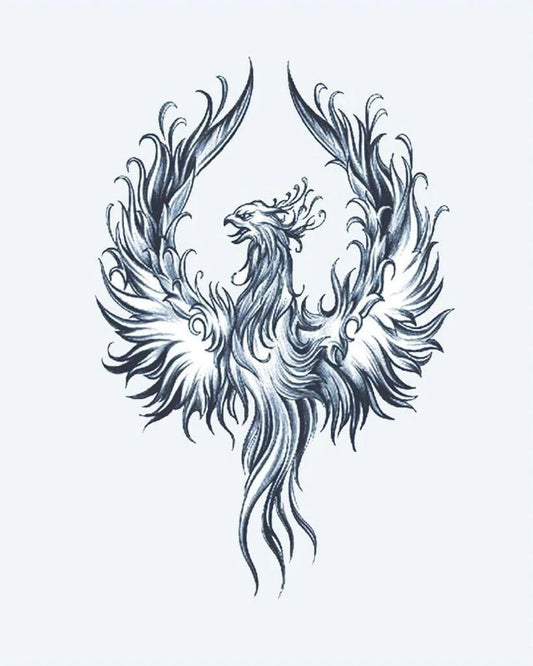 Phoenix Rising 2 semi-permanent tattoo design by INKON – magnificent, phoenix, spread, wings, flowing illustration, 4 x 8 in (11x21cm), available at inkon.co