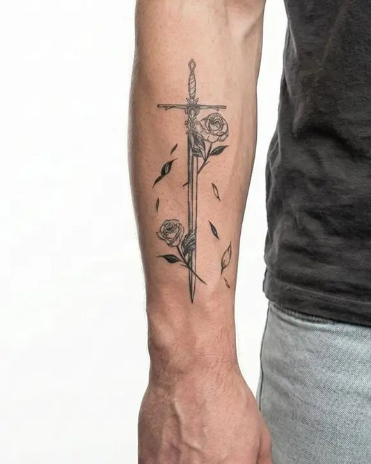 INKON Sword & Roses semi-permanent tattoo applied on a man – 4 x 7 in (10x17cm) design, realistic ink look, lasts 10 days