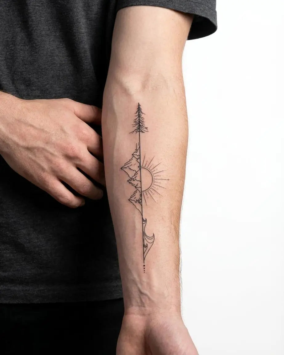 INKON Nature Arrow semi-permanent tattoo applied on a man – 4 x 7 in (10x17cm) design, realistic ink look, lasts 10 days