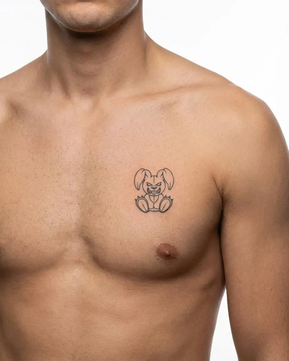 INKON Evil Bunny semi-permanent tattoo applied on a man – 2 x 2 in (5x5cm) design, realistic ink look, lasts 10 days