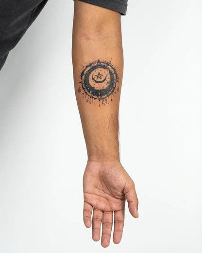 INKON Celestial Moon & Star semi-permanent tattoo applied on a man – 3 x 4 in (7x10cm) design, realistic ink look, lasts 10 days