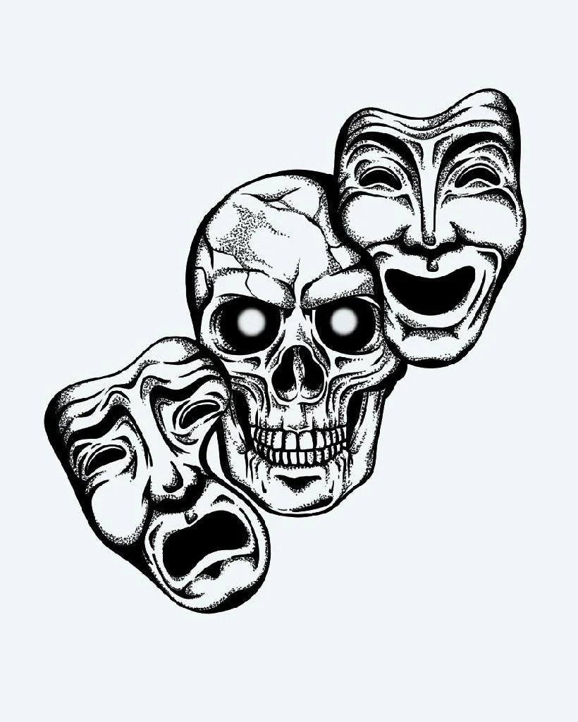 Skull & Drama Masks semi-permanent tattoo design by INKON – dotwork, shading, defines, chicano, skull illustration, 4 x 7 in (10x17cm), available at inkon.co