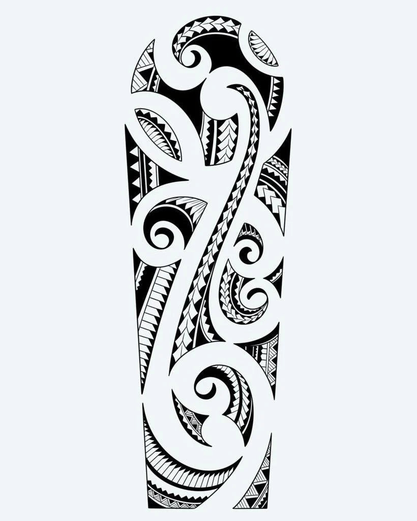 Maori Spiral Sleeve semi-permanent tattoo design by INKON – authentic, maori, filled, koru, spirals illustration, 8 x 20 in (20x50cm), available at inkon.co