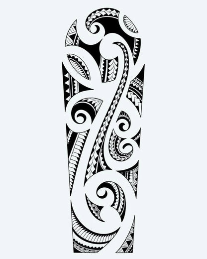 Maori Spiral Sleeve semi-permanent tattoo design by INKON – authentic, maori, filled, koru, spirals illustration, 8 x 20 in (20x50cm), available at inkon.co