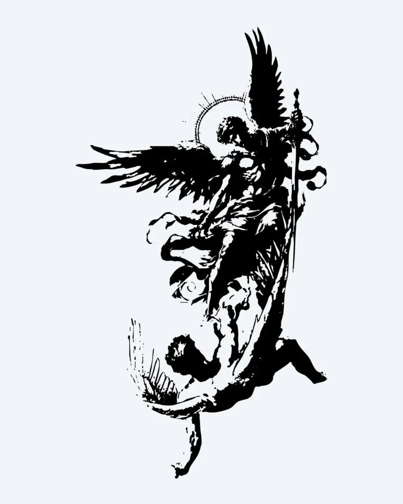 Fallen Angel Battle semi-permanent tattoo design by INKON – dramatic, fallen, angel, depicting, winged illustration, 4 x 8 in (11x21cm), available at inkon.co