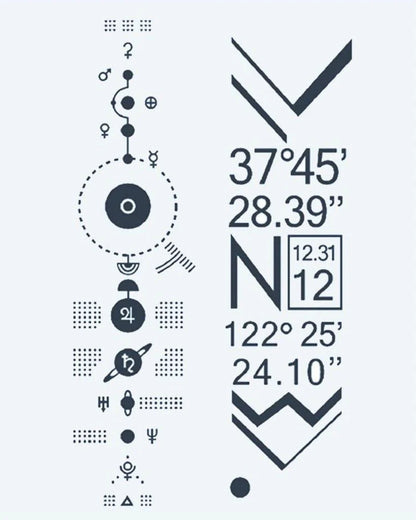 Solar System & Coordinates semi-permanent tattoo design by INKON – futuristic, solar, system, diagram, planetary illustration, 4 x 7 in (10x17cm), available at inkon.co