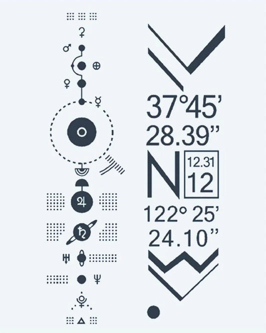 Solar System & Coordinates semi-permanent tattoo design by INKON – futuristic, solar, system, diagram, planetary illustration, 4 x 7 in (10x17cm), available at inkon.co