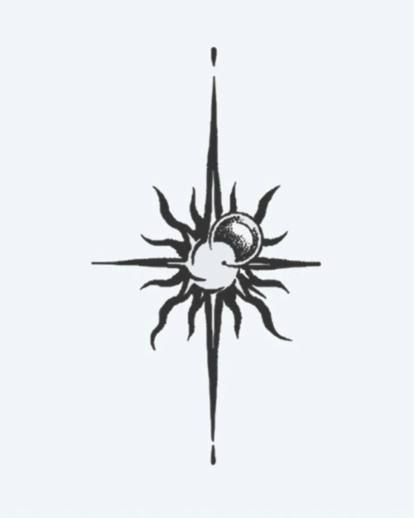 Sun & Moon Compass semi-permanent tattoo design by INKON – crescent, moon, fusion, pointed, compass illustration, 3 x 4 in (6x11cm), available at inkon.co