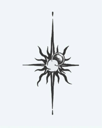 Sun & Moon Compass semi-permanent tattoo design by INKON – crescent, moon, fusion, pointed, compass illustration, 3 x 4 in (6x11cm), available at inkon.co