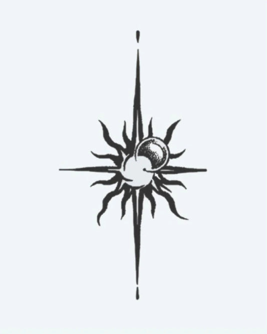 Sun & Moon Compass semi-permanent tattoo design by INKON – crescent, moon, fusion, pointed, compass illustration, 3 x 4 in (6x11cm), available at inkon.co