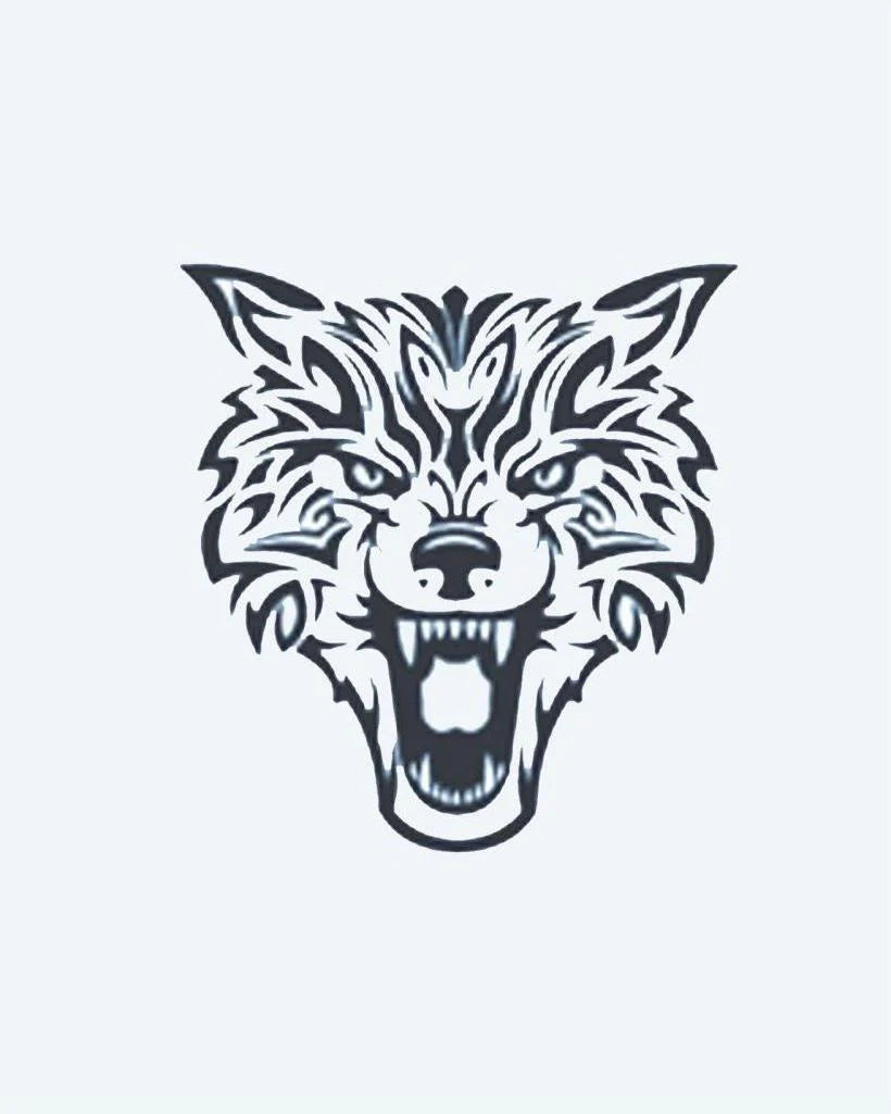 Tribal Wolf semi-permanent tattoo design by INKON – snarling, wolf, face, tribal, sharp illustration, 3 x 4 in (7x10cm), available at inkon.co