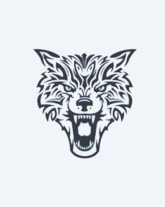 Tribal Wolf semi-permanent tattoo design by INKON – snarling, wolf, face, tribal, sharp illustration, 3 x 4 in (7x10cm), available at inkon.co