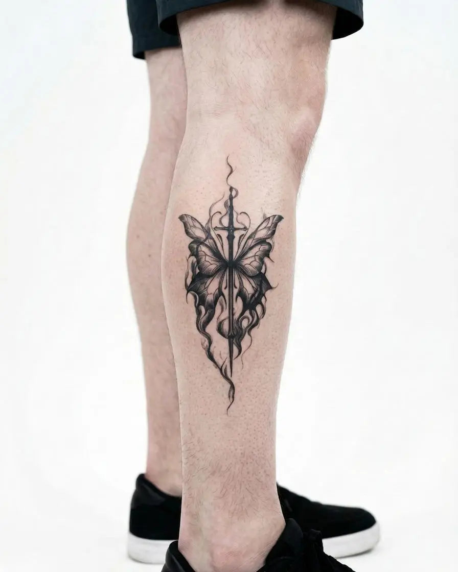 INKON Butterfly & Sword semi-permanent tattoo applied on a man – 4 x 7 in (10x17cm) design, realistic ink look, lasts 10 days