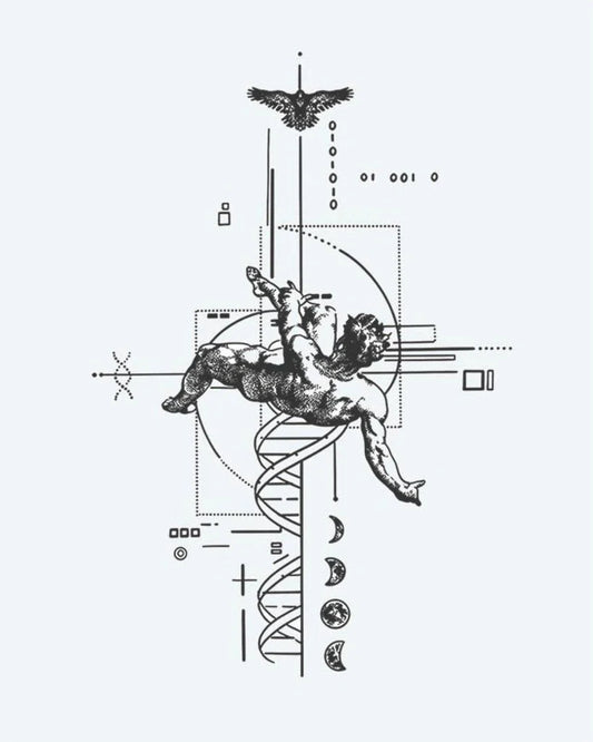 Cherub & Sacred Geometry semi-permanent tattoo design by INKON – combining, renaissance, cherub, helix, moon illustration, 4 x 8 in (11x21cm), available at inkon.co